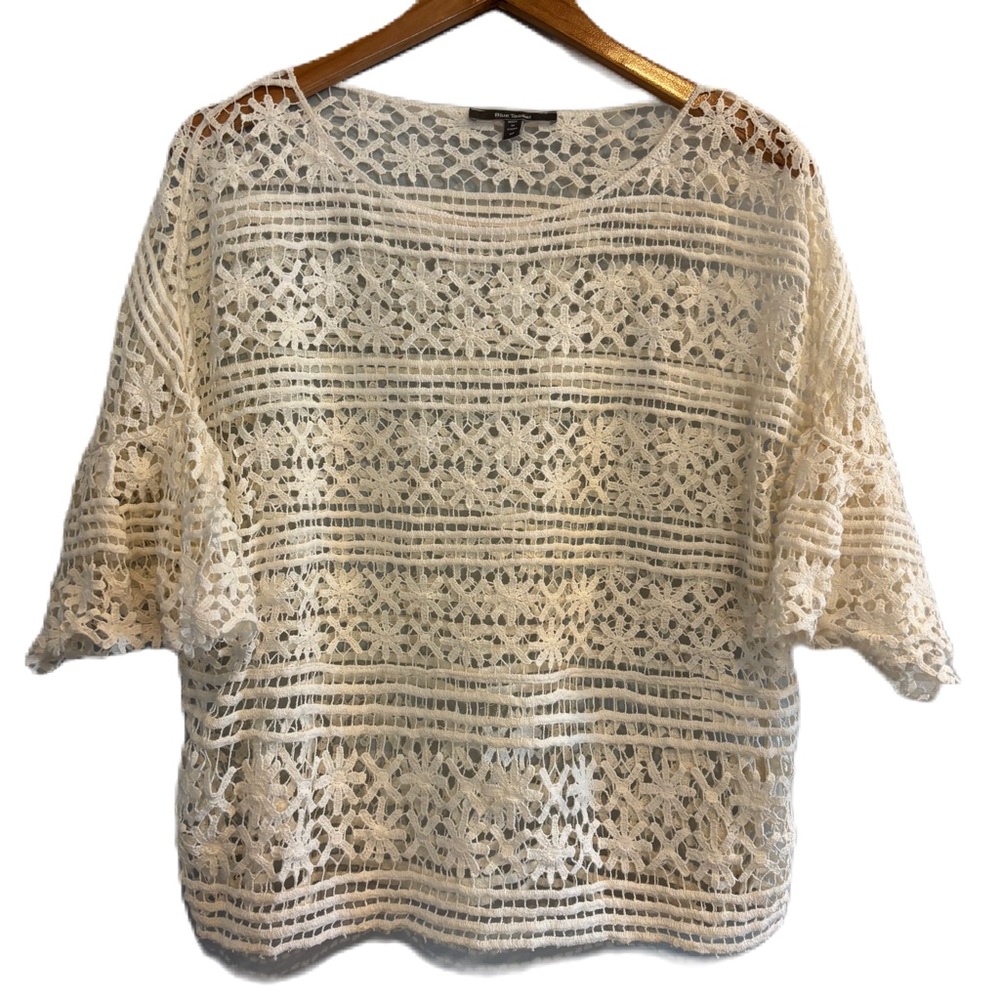 Anthropologie Blue Tassel Women’s Cream  Crochet Lace Overlay Boho Top Size M